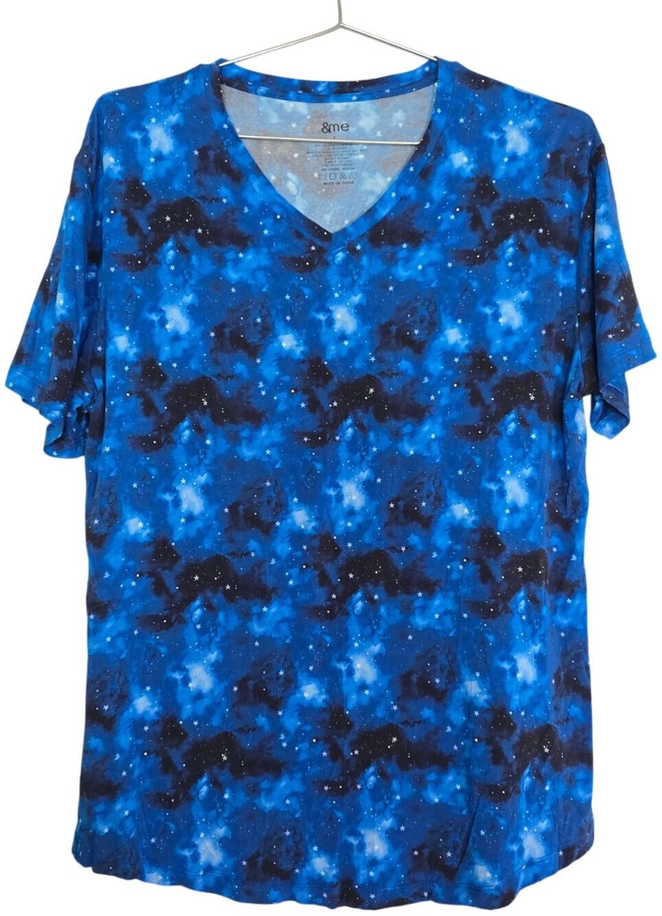 Blue Galaxy Bamboo V Neck T Shirt Womens Large Space Stars Casual Soft Tee &Me
